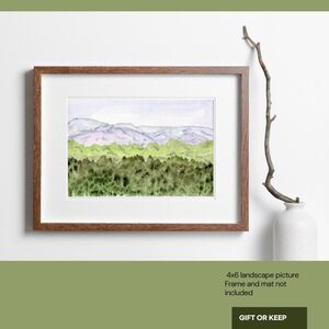 Small Original Watercolor Painting blue green white landscape Far Off Mountains